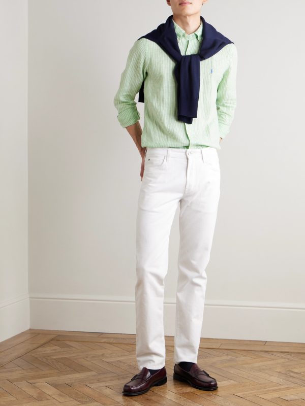 Button-Down Collar Logo-Embroidered Striped Linen Shirt - OU Button-Down Collar Logo-Embroidered Striped Linen Shirt - OU