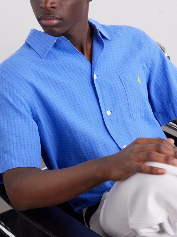 Logo-Embroidered Checked Linen and Cotton-Blend Shirt - CU Logo-Embroidered Checked Linen and Cotton-Blend Shirt - CU