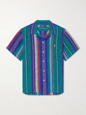 Camp-Collar Striped Linen Shirt