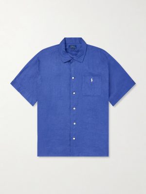 Convertible-Collar Logo-Embroidered Linen Shirt
