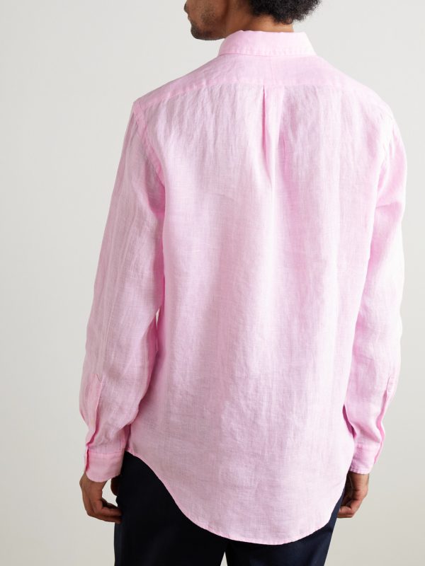 Button-Down Collar Logo-Embroidered Linen Shirt - BK Button-Down Collar Logo-Embroidered Linen Shirt - BK
