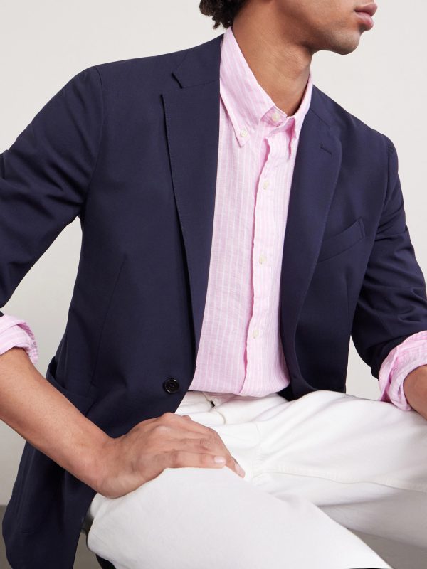 Button-Down Collar Logo-Embroidered Striped Cotton Shirt - E1 Button-Down Collar Logo-Embroidered Striped Cotton Shirt - E1
