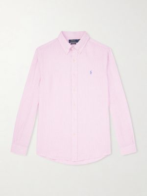 Button-Down Collar Logo-Embroidered Striped Cotton Shirt