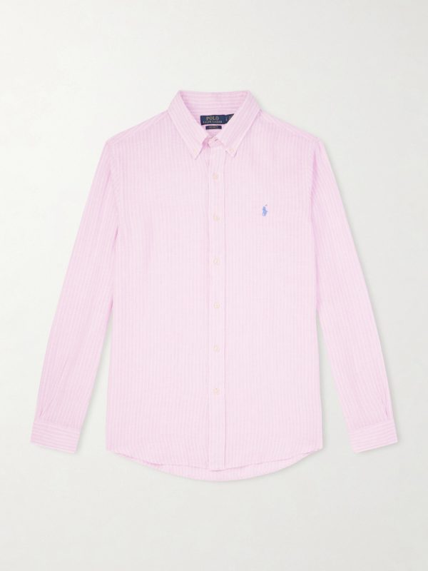 Button-Down Collar Logo-Embroidered Striped Cotton Shirt Button-Down Collar Logo-Embroidered Striped Cotton Shirt