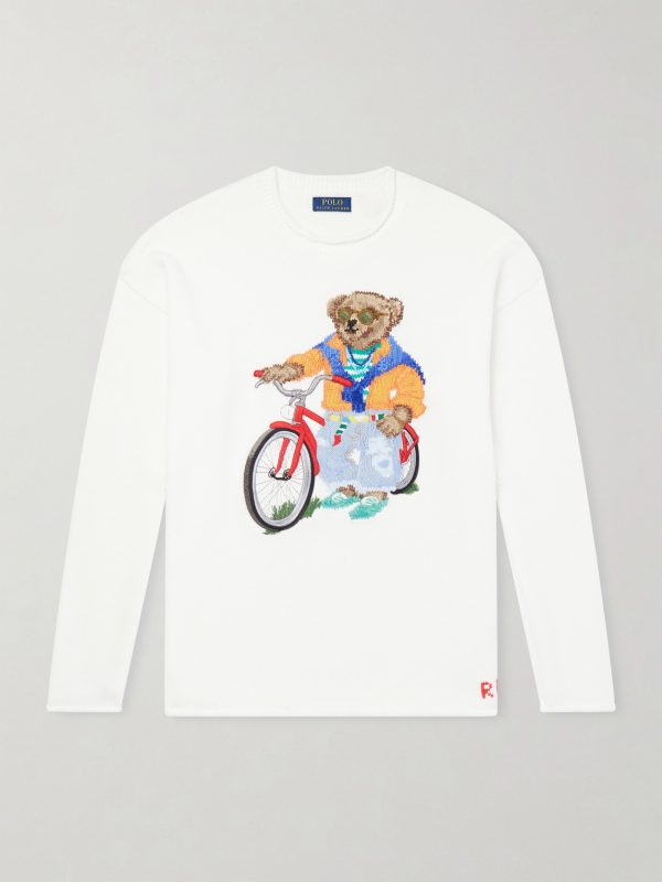 Polo Bear-Embroidered Bead-Embellished Knitted Cotton Sweater Polo Bear-Embroidered Bead-Embellished Knitted Cotton Sweater
