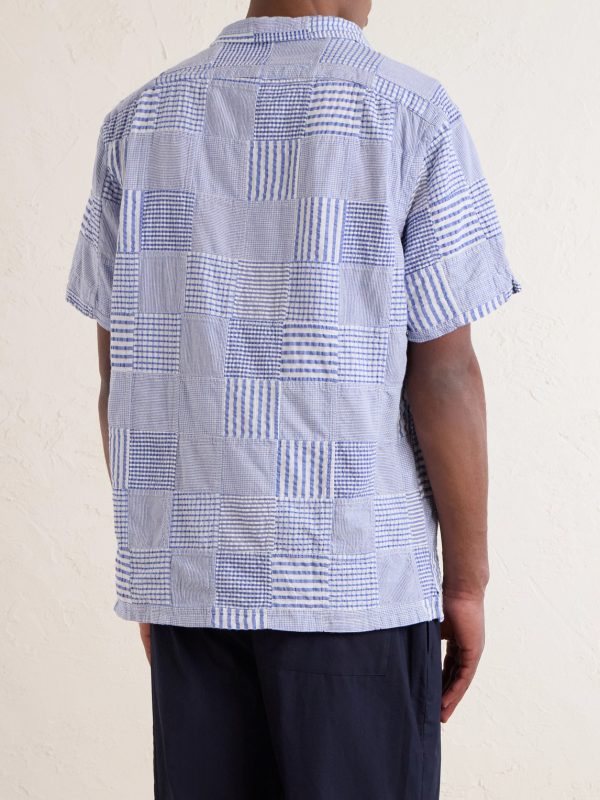 Convertible-Collar Logo-Embroidered Patchwork Cotton-Seersucker Shirt - BK