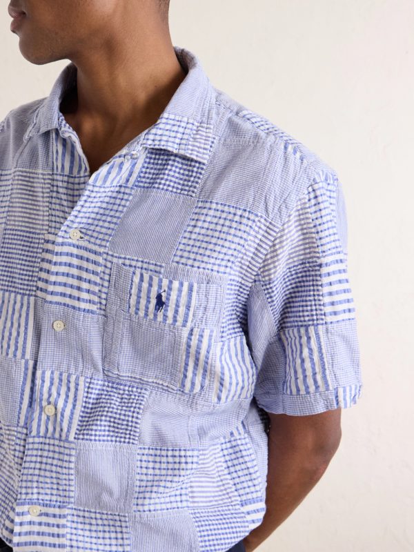 Convertible-Collar Logo-Embroidered Patchwork Cotton-Seersucker Shirt - CU