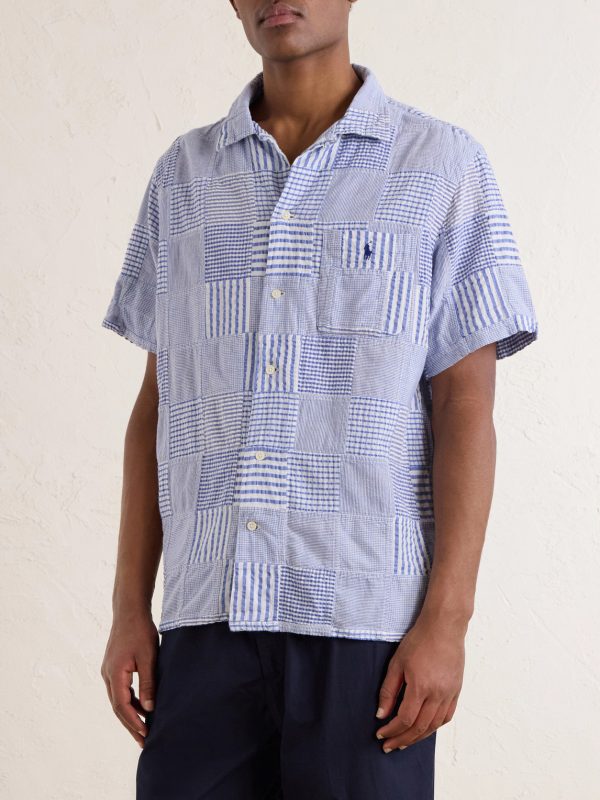 Convertible-Collar Logo-Embroidered Patchwork Cotton-Seersucker Shirt - FR
