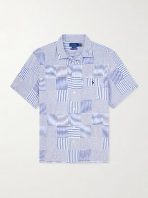 Convertible-Collar Logo-Embroidered Patchwork Cotton-Seersucker Shirt