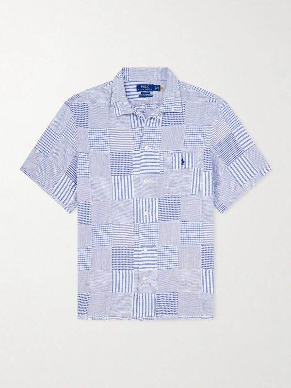 Convertible-Collar Logo-Embroidered Patchwork Cotton-Seersucker Shirt