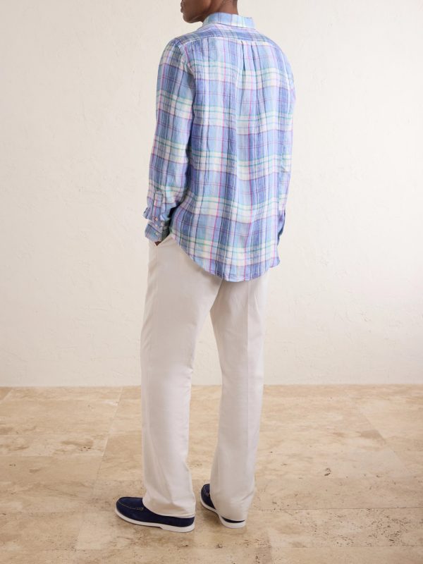 Button-Down Collar Logo-Embroidered Checked Linen Shirt - BK Button-Down Collar Logo-Embroidered Checked Linen Shirt - BK