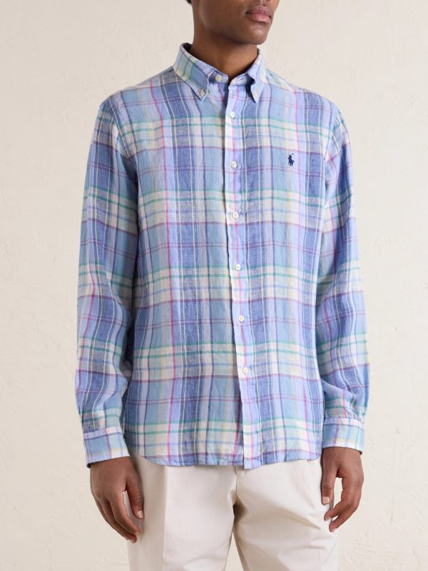 Button-Down Collar Logo-Embroidered Checked Linen Shirt - FR Button-Down Collar Logo-Embroidered Checked Linen Shirt - FR