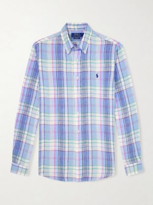 Button-Down Collar Logo-Embroidered Checked Linen Shirt Button-Down Collar Logo-Embroidered Checked Linen Shirt