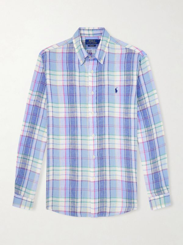 Button-Down Collar Logo-Embroidered Checked Linen Shirt Button-Down Collar Logo-Embroidered Checked Linen Shirt