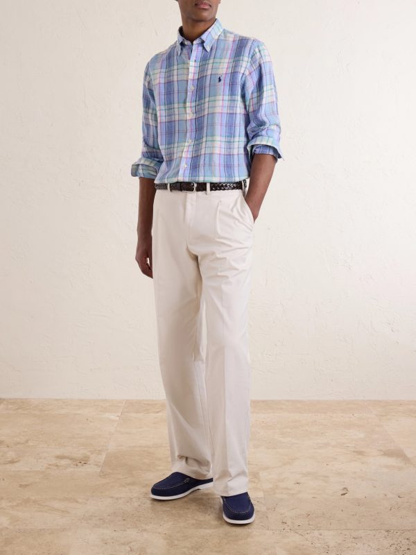 Button-Down Collar Logo-Embroidered Checked Linen Shirt - OU Button-Down Collar Logo-Embroidered Checked Linen Shirt - OU