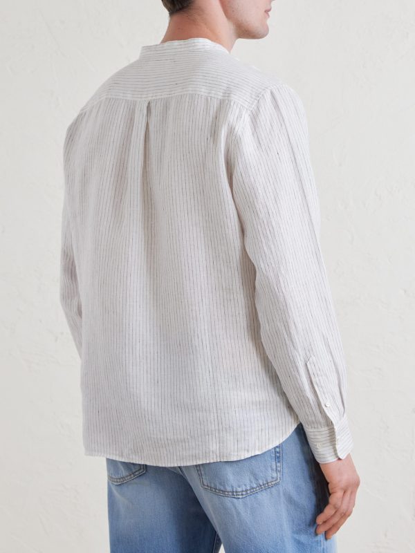 Grandad-Collar Pinstriped Linen Shirt - BK Grandad-Collar Pinstriped Linen Shirt - BK