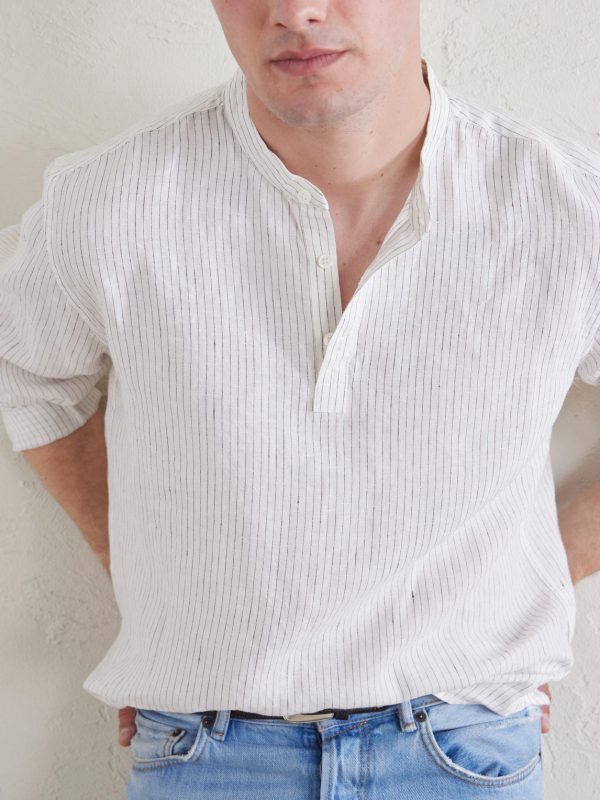 Grandad-Collar Pinstriped Linen Shirt - E1 Grandad-Collar Pinstriped Linen Shirt - E1