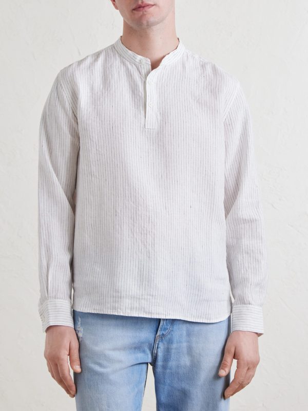 Grandad-Collar Pinstriped Linen Shirt - FR Grandad-Collar Pinstriped Linen Shirt - FR