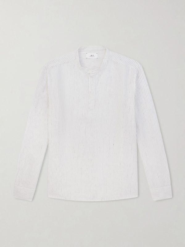 Grandad-Collar Pinstriped Linen Shirt Grandad-Collar Pinstriped Linen Shirt