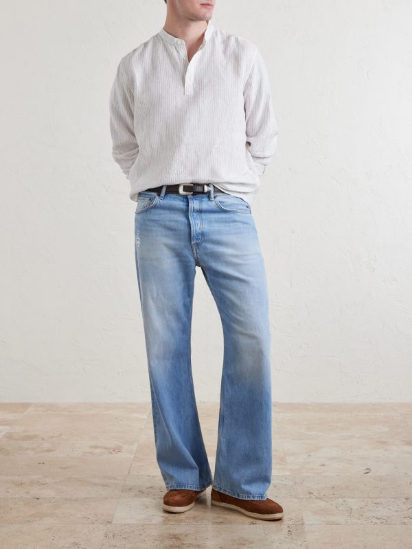 Grandad-Collar Pinstriped Linen Shirt - OU Grandad-Collar Pinstriped Linen Shirt - OU
