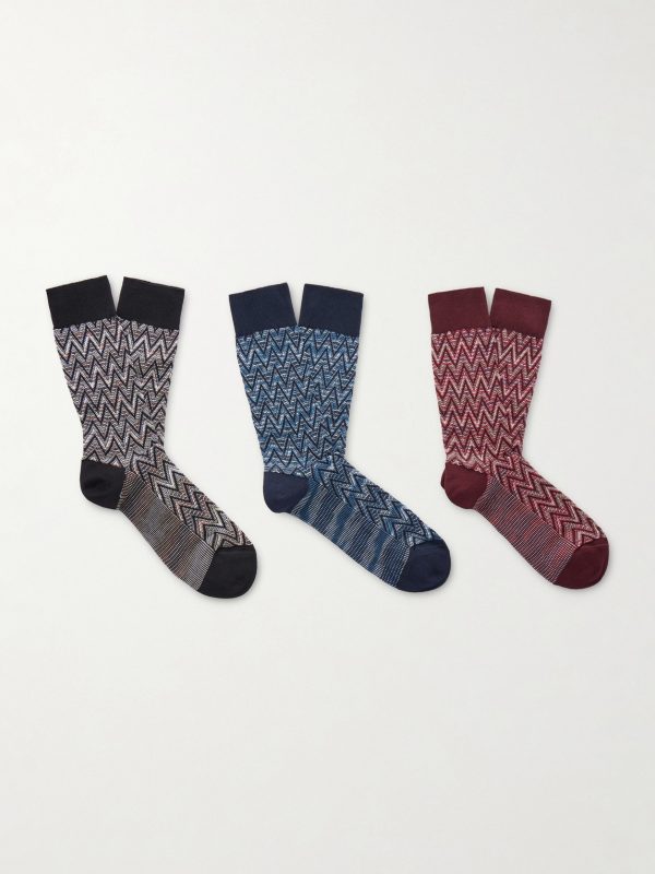 Three-Pack Crochet-Knit Cotton-Blend Socks Three-Pack Crochet-Knit Cotton-Blend Socks