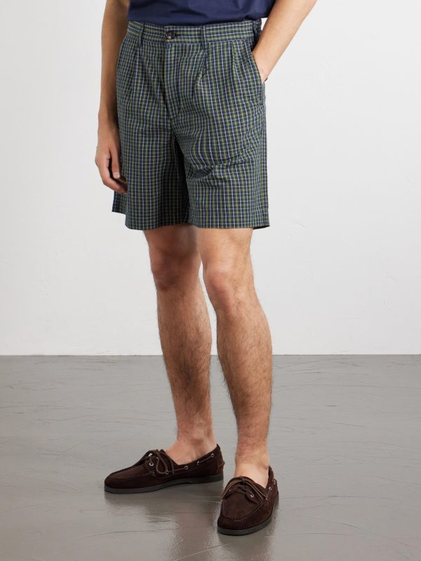 Straight-Leg Pleated Checked Cotton and Linen-Blend Seersucker Shorts - FR Straight-Leg Pleated Checked Cotton and Linen-Blend Seersucker Shorts - FR