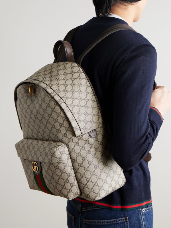 Ophidia Medium Leather-Trimmed Monogrammed Coated-Canvas Backpack - OU Ophidia Medium Leather-Trimmed Monogrammed Coated-Canvas Backpack - OU