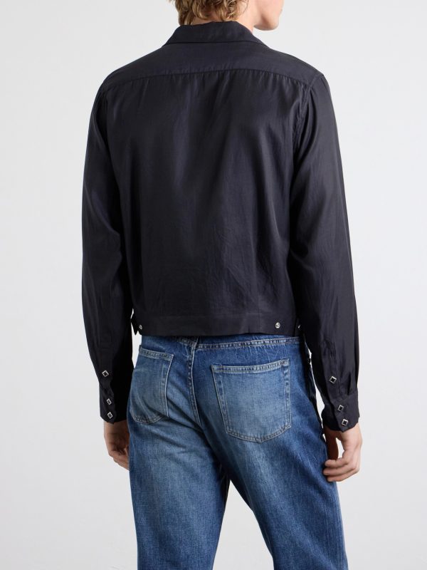 Drizzler Camp-Collar Embroidered-Detail Satin Jacket - BK