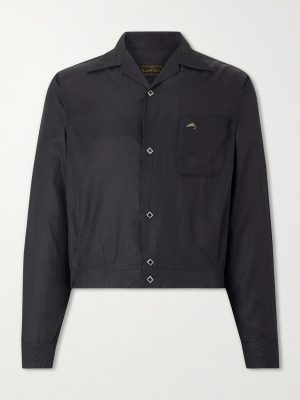 Drizzler Camp-Collar Embroidered-Detail Satin Jacket