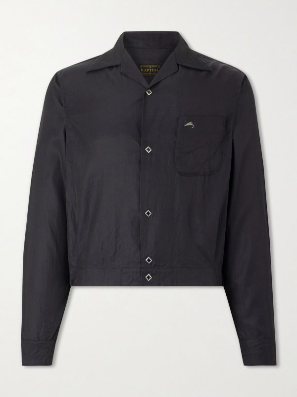 Drizzler Camp-Collar Embroidered-Detail Satin Jacket