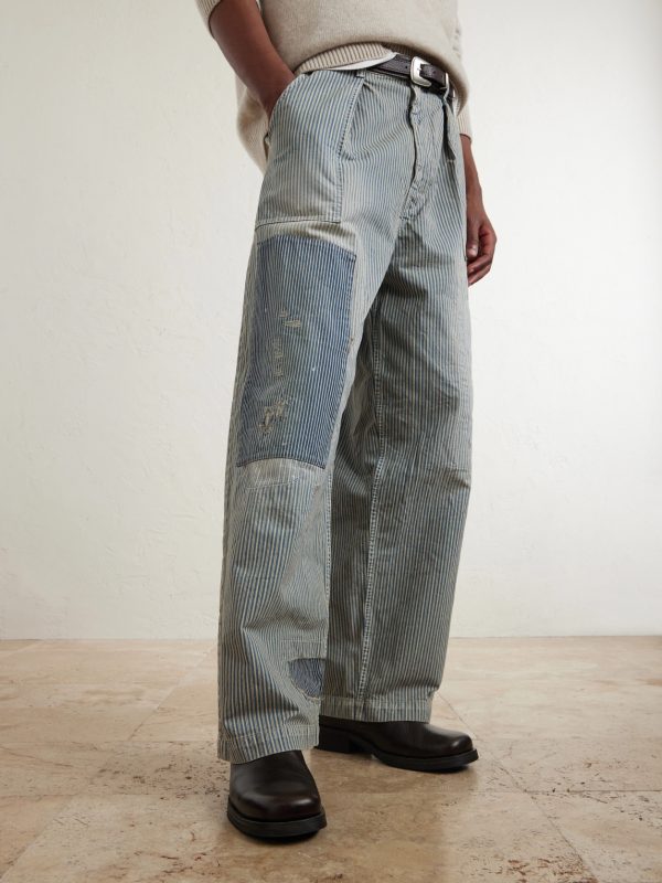Liberty Hicoree Fatigue Wide-Leg Striped Distressed Patchwork Cotton-Twill Trousers - CU