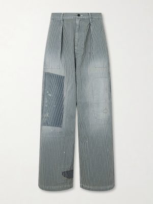 Liberty Hicoree Fatigue Wide-Leg Striped Distressed Patchwork Cotton-Twill Trousers