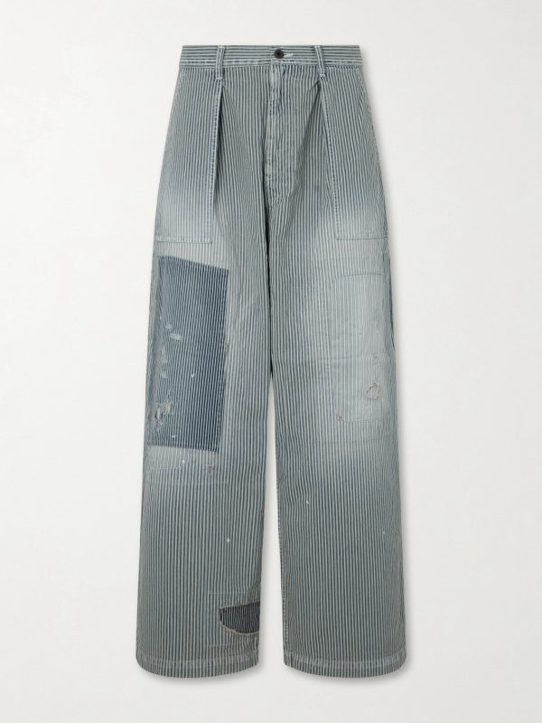 Liberty Hicoree Fatigue Wide-Leg Striped Distressed Patchwork Cotton-Twill Trousers