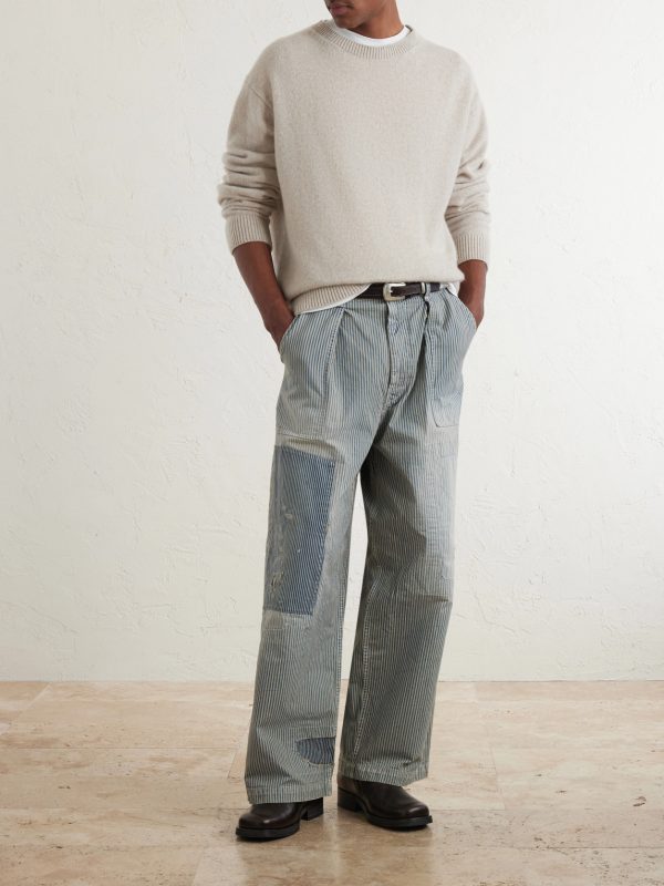 Liberty Hicoree Fatigue Wide-Leg Striped Distressed Patchwork Cotton-Twill Trousers - OU