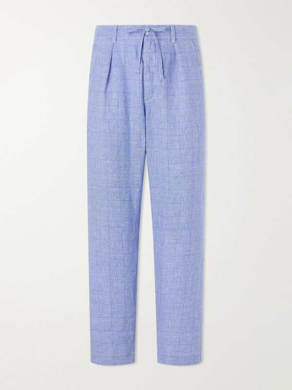 Wide-Leg Checked Woven Linen Trousers