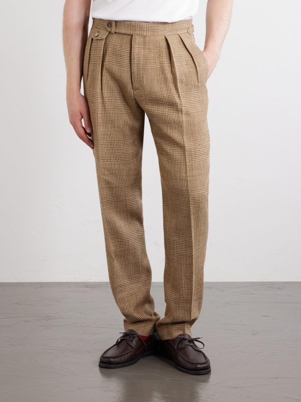 Straight-Leg Pleated Houndstooth Linen, Silk and Wool-Blend Trousers - FR Straight-Leg Pleated Houndstooth Linen, Silk and Wool-Blend Trousers - FR