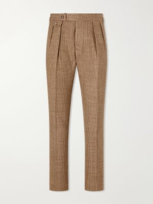 Straight-Leg Pleated Houndstooth Linen, Silk and Wool-Blend Trousers Straight-Leg Pleated Houndstooth Linen, Silk and Wool-Blend Trousers