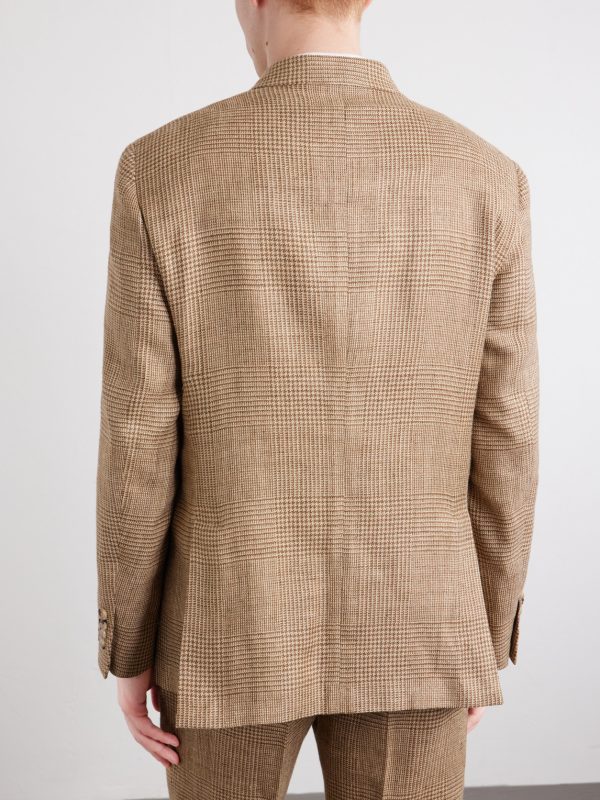 Double-Breasted Houndstooth Silk, Linen and Wool-Blend Suit Jacket - BK