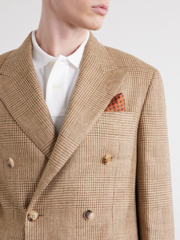Double-Breasted Houndstooth Silk, Linen and Wool-Blend Suit Jacket - CU