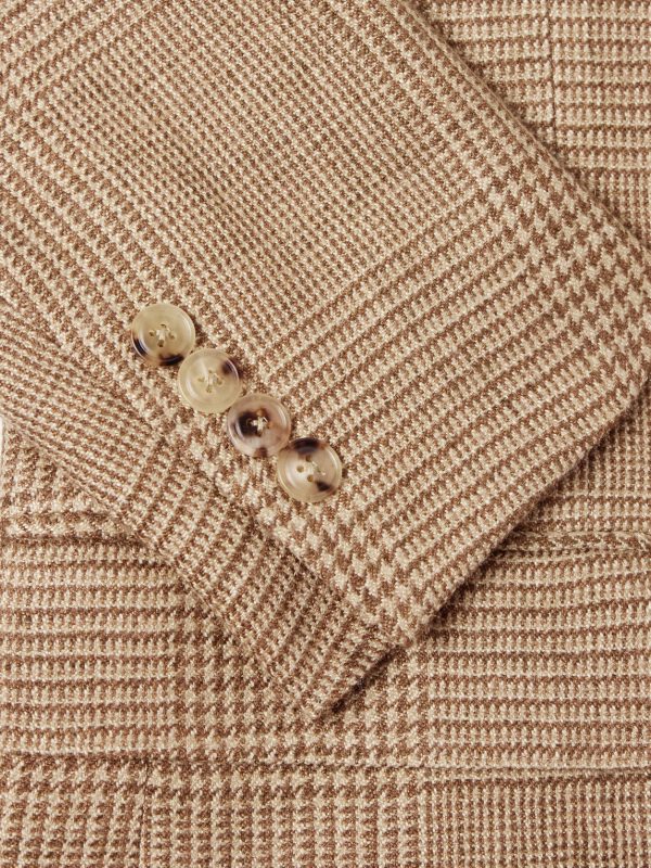 Double-Breasted Houndstooth Silk, Linen and Wool-Blend Suit Jacket - E1