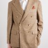 Double-Breasted Houndstooth Silk, Linen and Wool-Blend Suit Jacket - FR