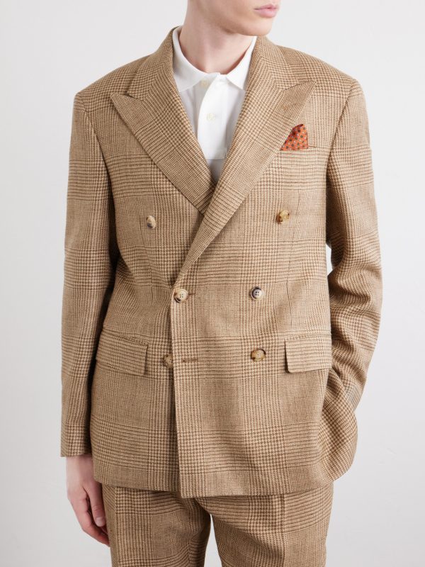 Double-Breasted Houndstooth Silk, Linen and Wool-Blend Suit Jacket - FR