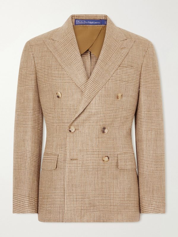 Double-Breasted Houndstooth Silk, Linen and Wool-Blend Suit Jacket