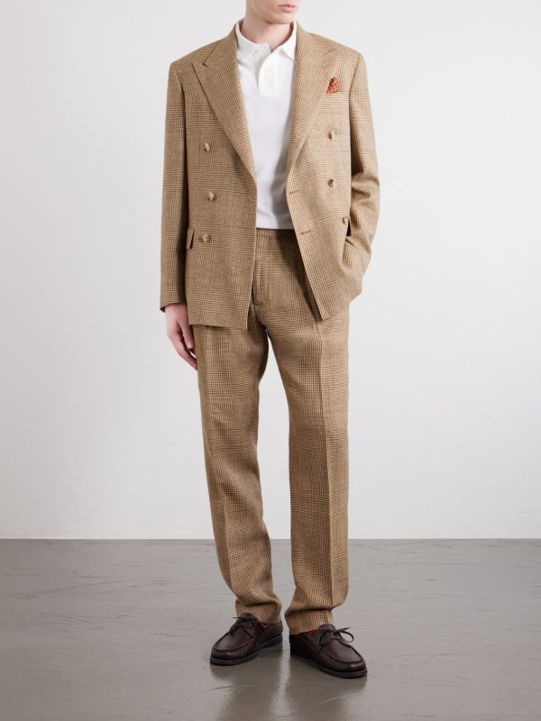 Double-Breasted Houndstooth Silk, Linen and Wool-Blend Suit Jacket - OU