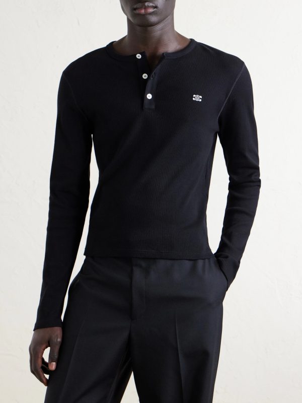 Slim-Fit Logo-Embroidered Ribbed Cotton-Jersey Henley T-Shirt - FR