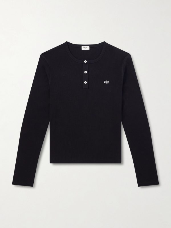 Slim-Fit Logo-Embroidered Ribbed Cotton-Jersey Henley T-Shirt