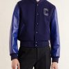 Teddy Logo-Embroidered Leather-Trimmed Wool-Blend Bomber Jacket - FR Teddy Logo-Embroidered Leather-Trimmed Wool-Blend Bomber Jacket - FR