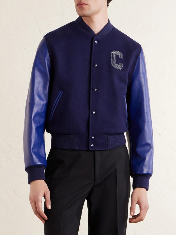Teddy Logo-Embroidered Leather-Trimmed Wool-Blend Bomber Jacket - FR Teddy Logo-Embroidered Leather-Trimmed Wool-Blend Bomber Jacket - FR