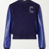 Teddy Logo-Embroidered Leather-Trimmed Wool-Blend Bomber Jacket Teddy Logo-Embroidered Leather-Trimmed Wool-Blend Bomber Jacket