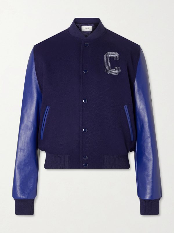 Teddy Logo-Embroidered Leather-Trimmed Wool-Blend Bomber Jacket Teddy Logo-Embroidered Leather-Trimmed Wool-Blend Bomber Jacket